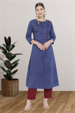 Navy Blue Short Sleeves Cotton Silk Kurti with Printed Navy Blue Cotton  Silk Pants Kurti Set | Long kurti designs, Silk kurti designs, Stylish  kurtis design